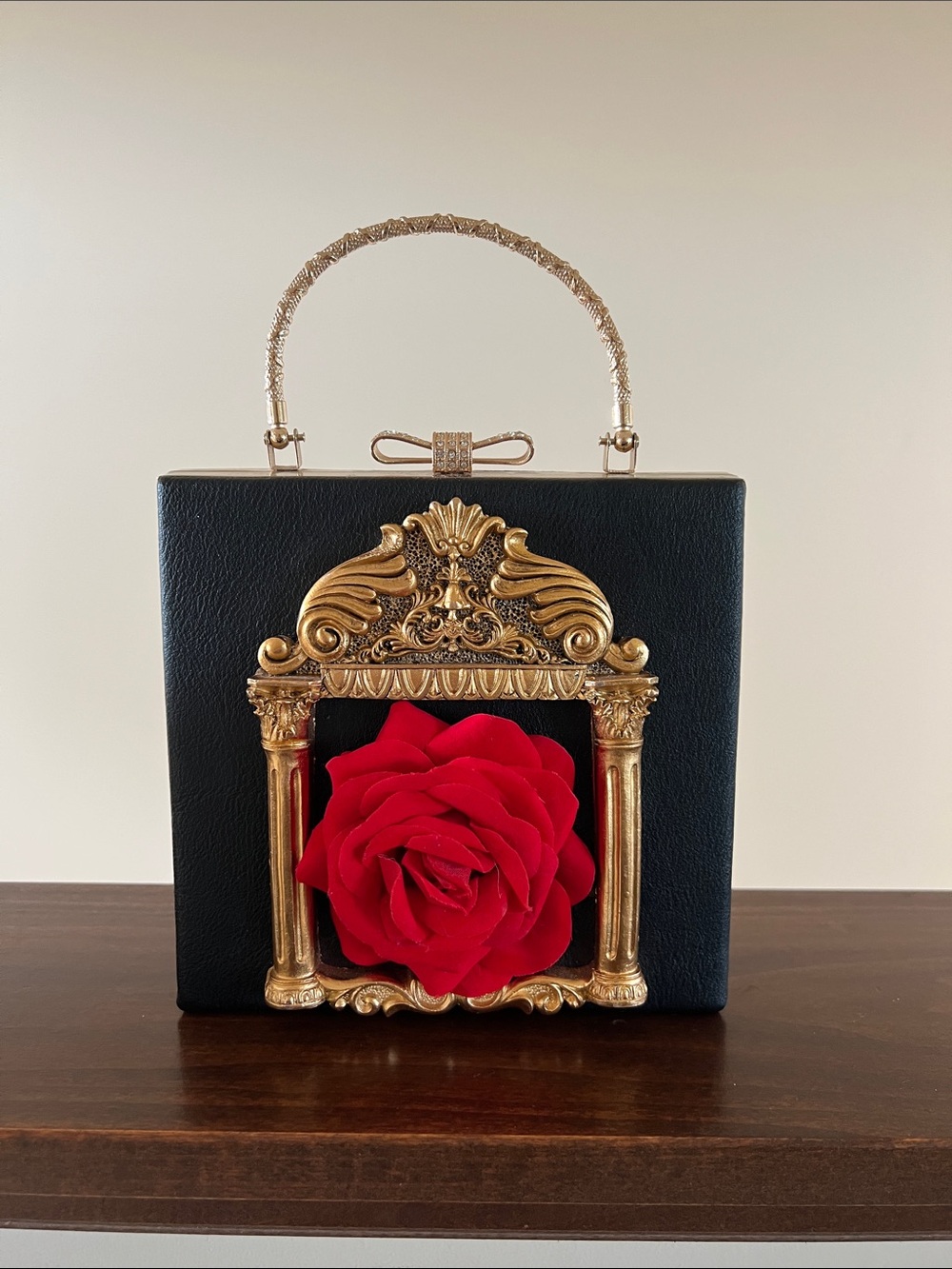 Baguery Baroque Love Angel Floral Evening Clutch - Black Gold Rose Embossed PU